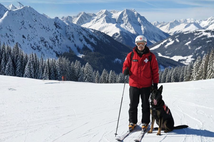 Pistenretter mit Rettungshund im Skigebiet