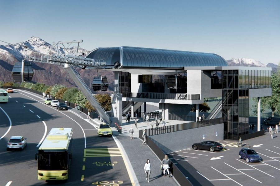 Rendering einer Kabinenbahn (Talstation) in der Stadt