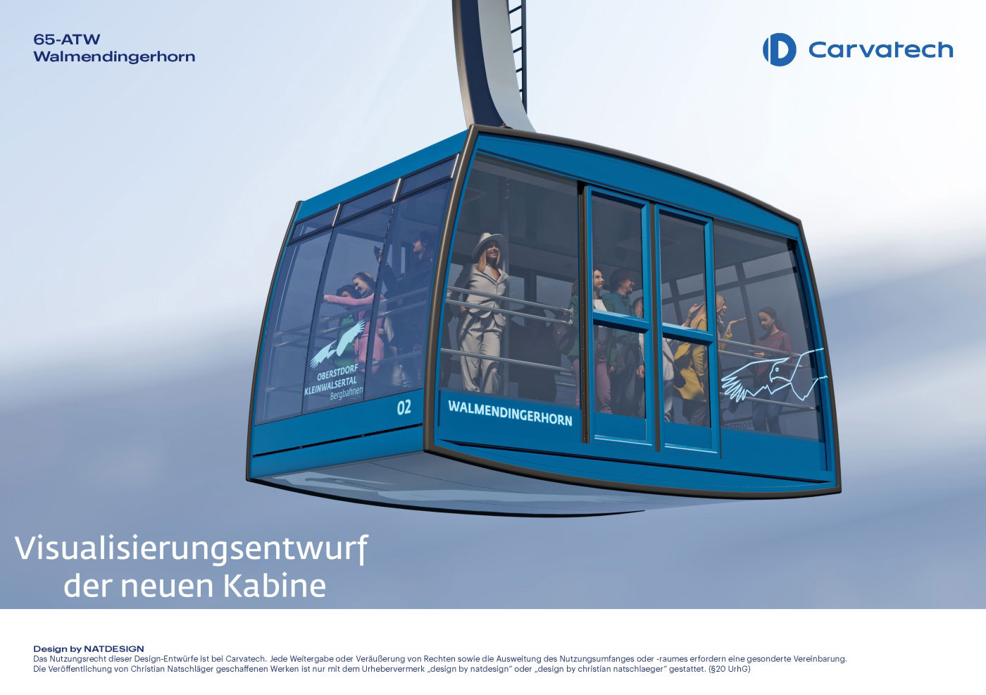 Rendering einer Pendelbahnkabine (Farbe Blau)